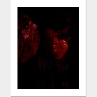 Portrait, collage, special processing. Man, dark costume, long hair, looking down. On left demon of gold. Red. Posters and Art